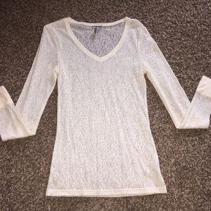 BKE Cream Long Sleeve Lace Fitted Shirt